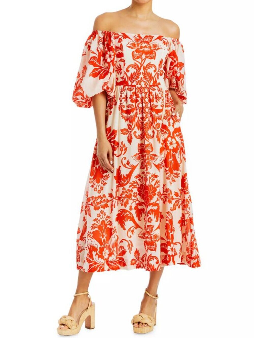 Mestiza New York Delphine Orange Red Ivory Puff Sleeve Cotton Midi Dress